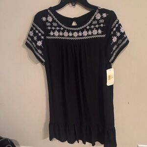 GB girls Black Short-Sleeve Tunic Dress with White Embroidered Floral Yoke